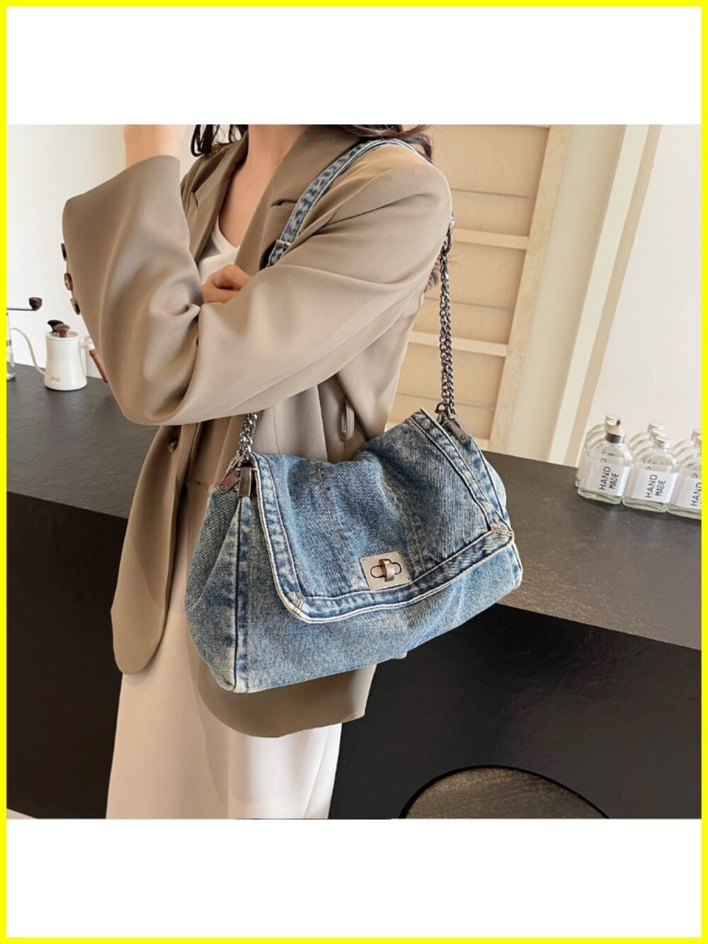 Large Denim Tote Bag for Women Crossbody Shoulder Turn-Lock Closure - Picture 6 of 6